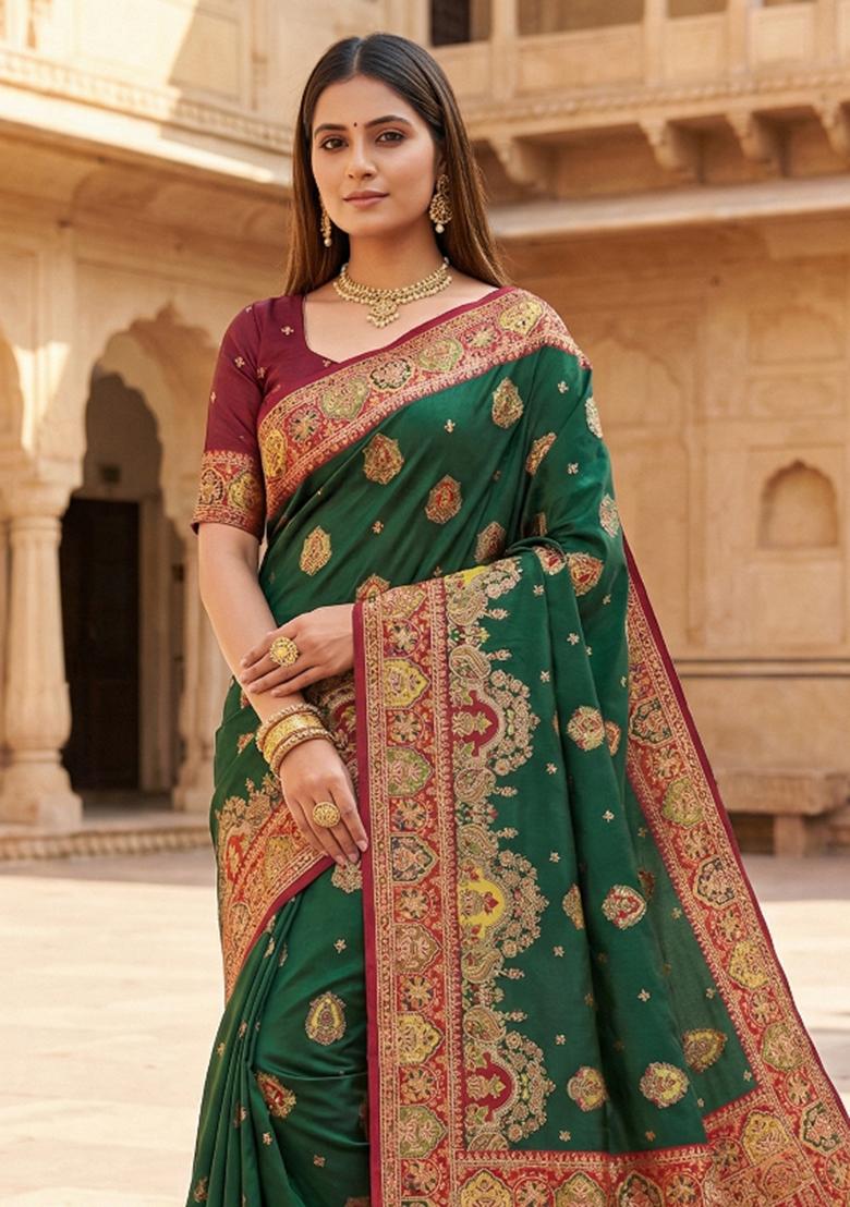 Green Woven Design Silk Saree Set - Indya