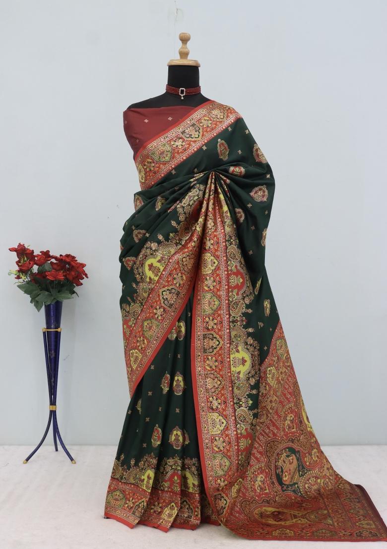 Green Woven Design Silk Saree Set - Indya