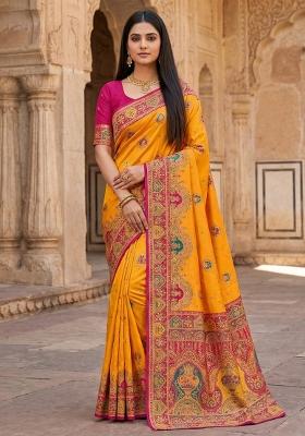 Yellow Woven Design Silk Saree Set
