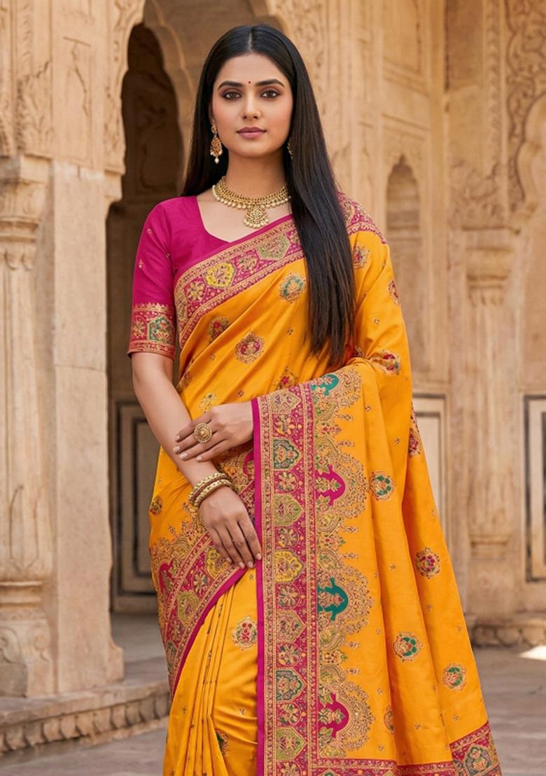Yellow Woven Design Silk Saree Set - Indya