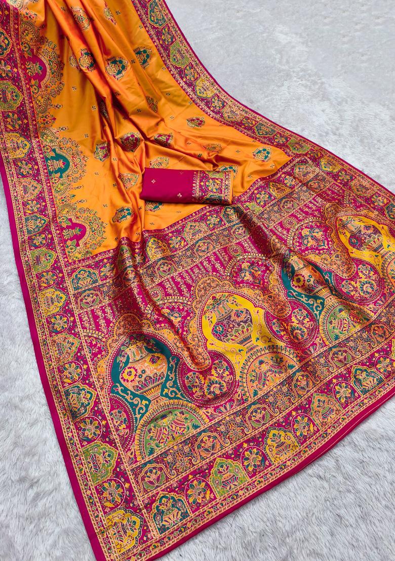 Yellow Woven Design Silk Saree Set - Indya