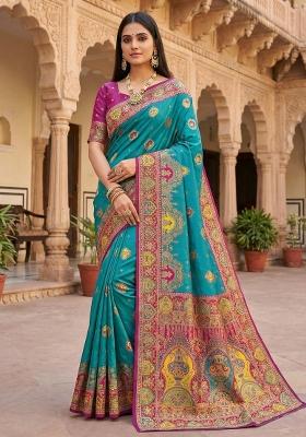 Sky Blue Woven Design Silk Saree Set