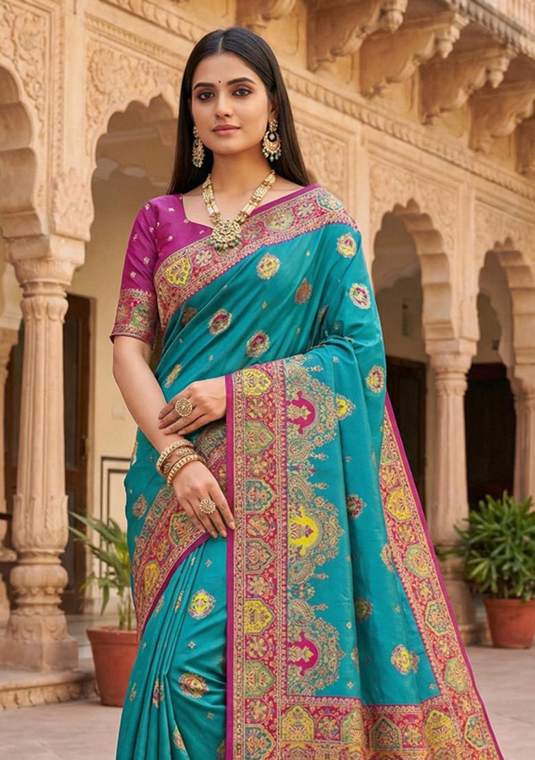 Sky Blue Woven Design Silk Saree Set - Indya