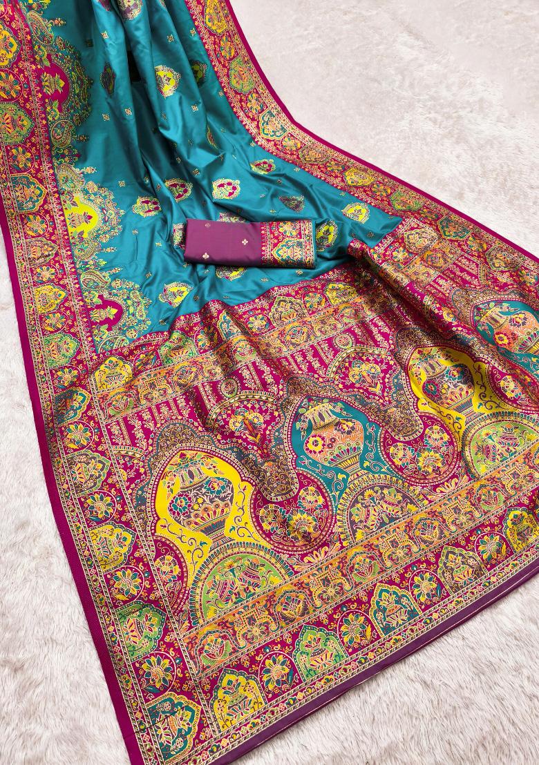 Sky Blue Woven Design Silk Saree Set - Indya