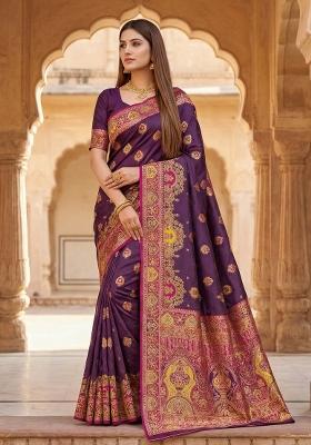 Wine Woven Design Silk Saree Set