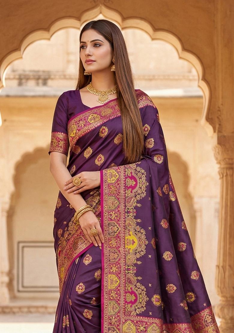 Wine Woven Design Silk Saree Set - Indya