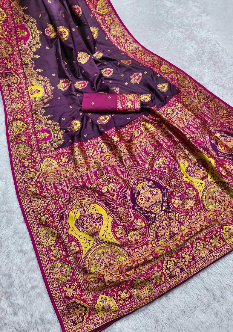 Wine Woven Design Silk Saree Set - Indya