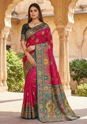 Pink Woven Design Silk Saree Set