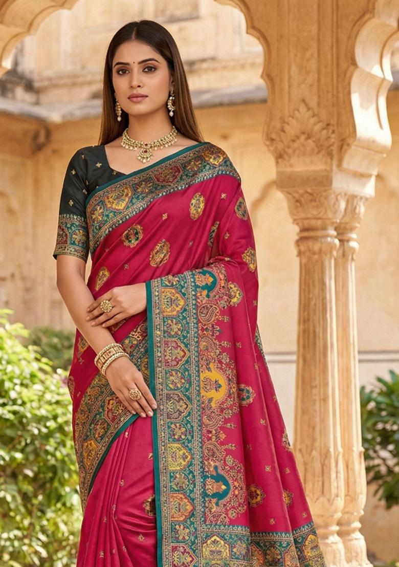 Pink Woven Design Silk Saree Set - Indya