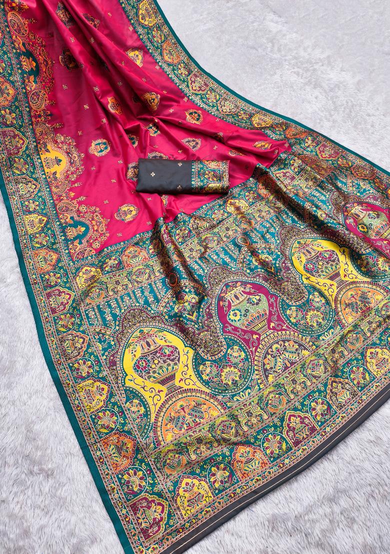 Pink Woven Design Silk Saree Set - Indya
