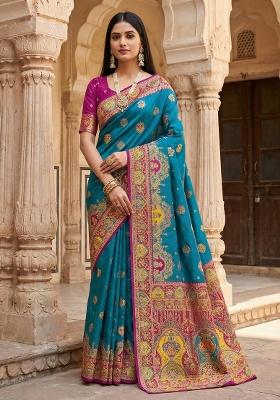 Teal Woven Design Silk Saree Set