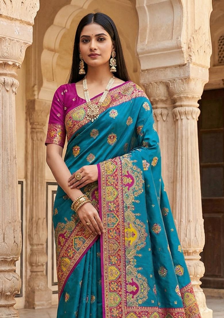 Teal Woven Design Silk Saree Set - Indya