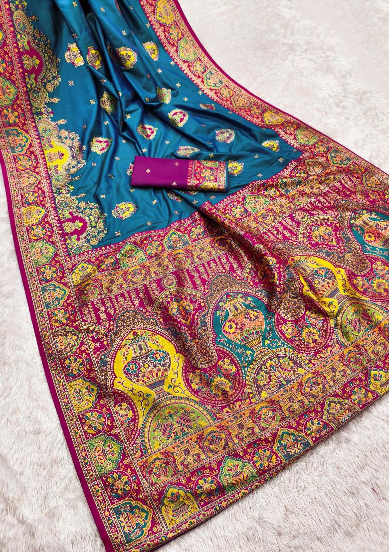 Teal Woven Design Silk Saree Set - Indya