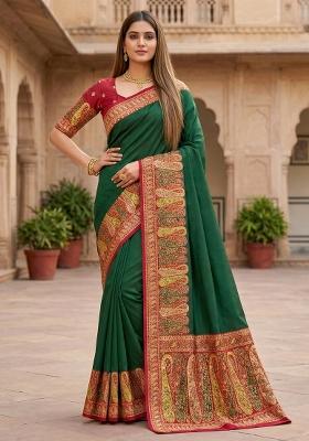 Green Woven Design Silk Saree Set