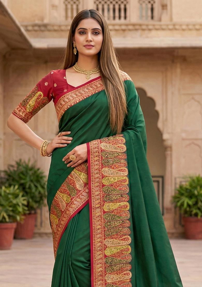 Green Woven Design Silk Saree Set - Indya