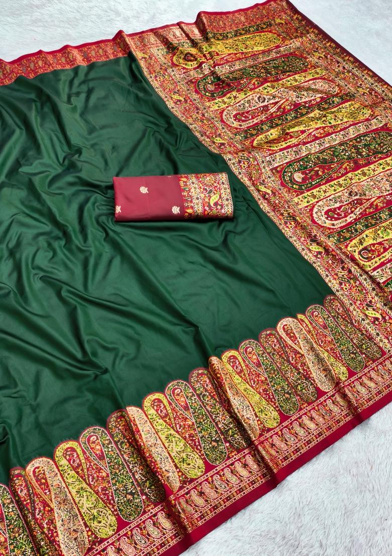 Green Woven Design Silk Saree Set - Indya