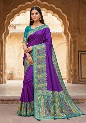 Purple Woven Design Silk Saree Set