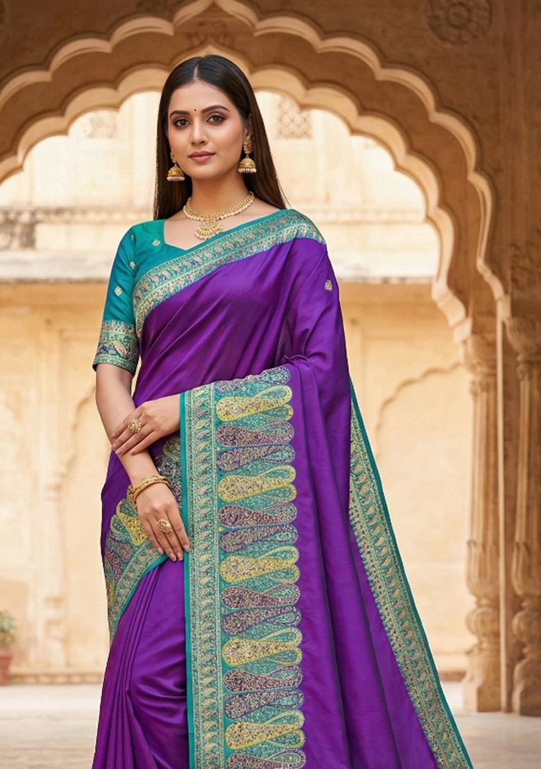 Purple Woven Design Silk Saree Set - Indya