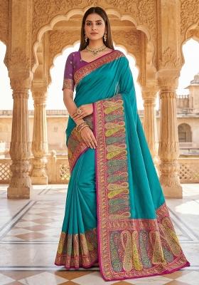 Sky Blue Woven Design Silk Saree Set