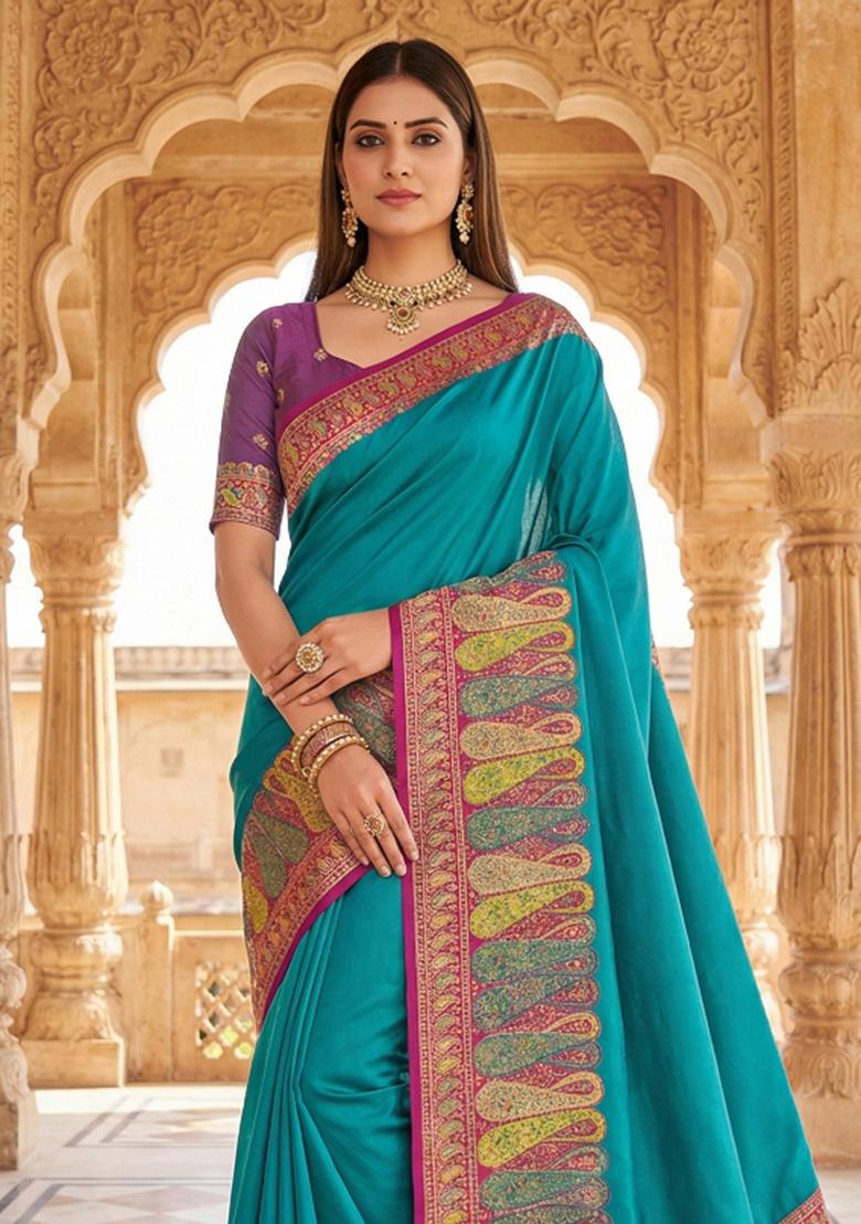 Sky Blue Woven Design Silk Saree Set - Indya