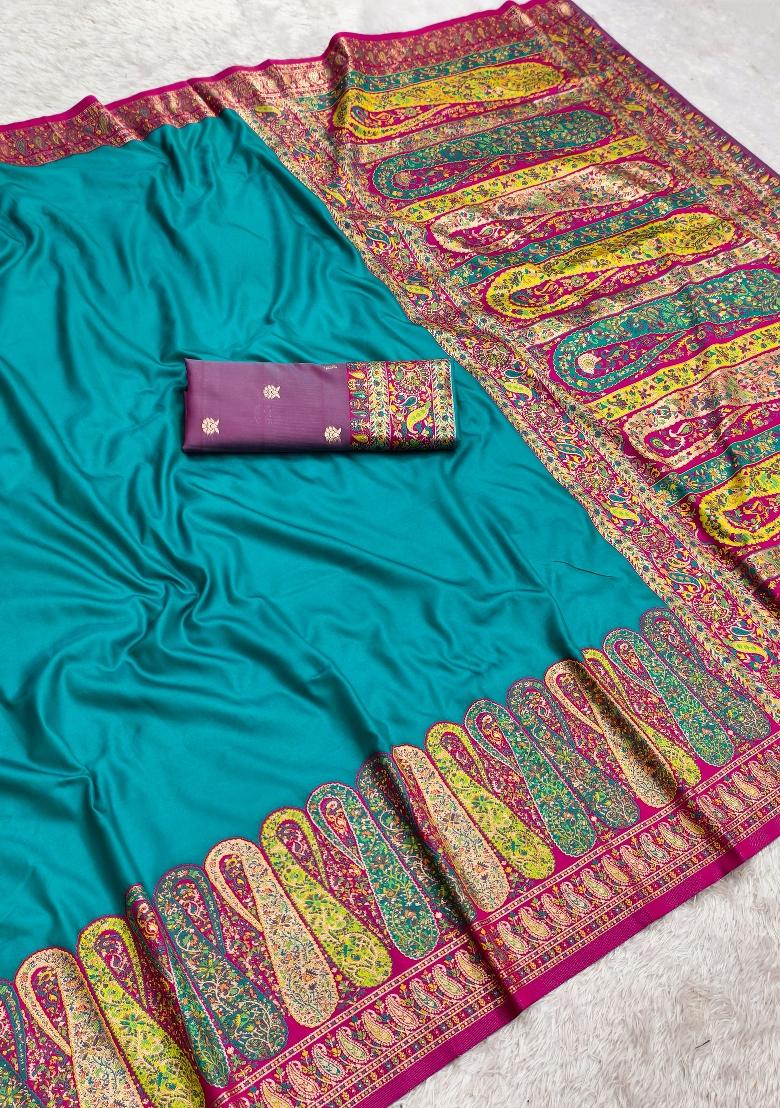 Sky Blue Woven Design Silk Saree Set - Indya