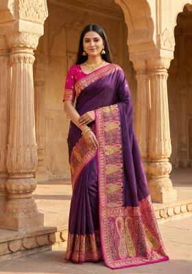 Wine Woven Design Silk Saree Set