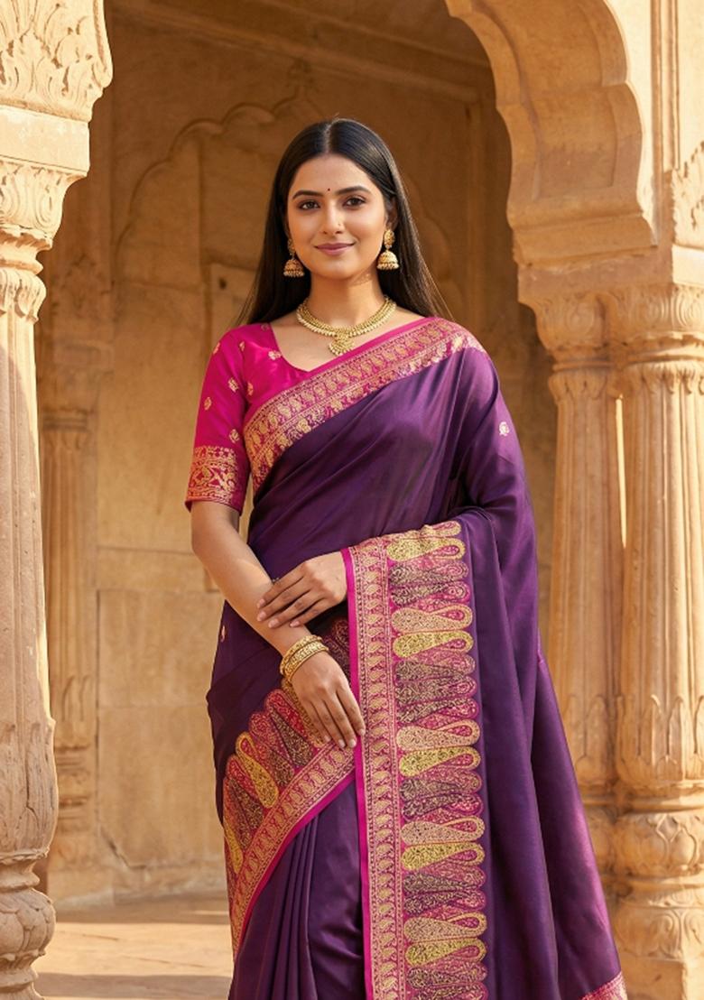 Wine Woven Design Silk Saree Set - Indya