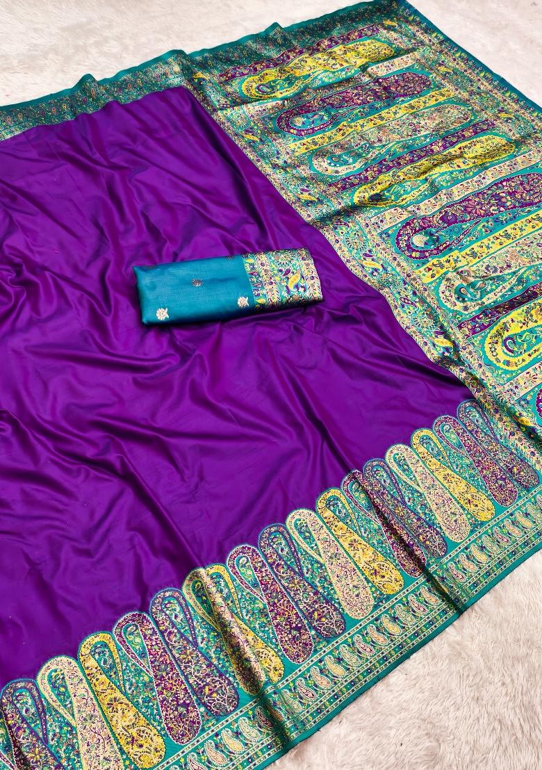 Wine Woven Design Silk Saree Set - Indya