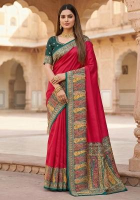 Pink Woven Design Silk Saree Set