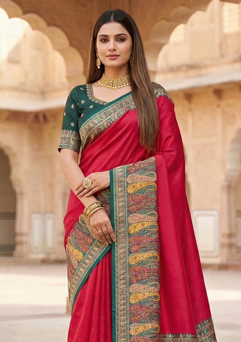 Pink Woven Design Silk Saree Set - Indya