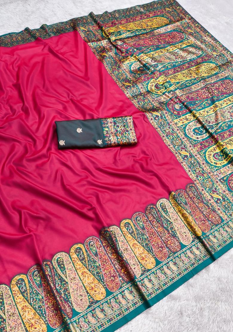 Pink Woven Design Silk Saree Set - Indya