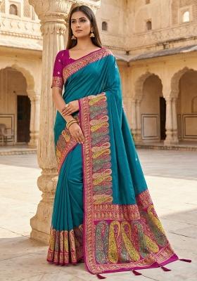 Teal Woven Design Silk Saree Set