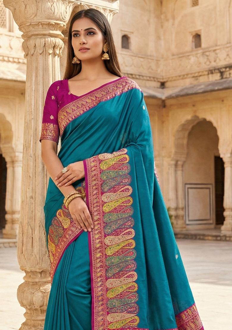 Teal Woven Design Silk Saree Set - Indya
