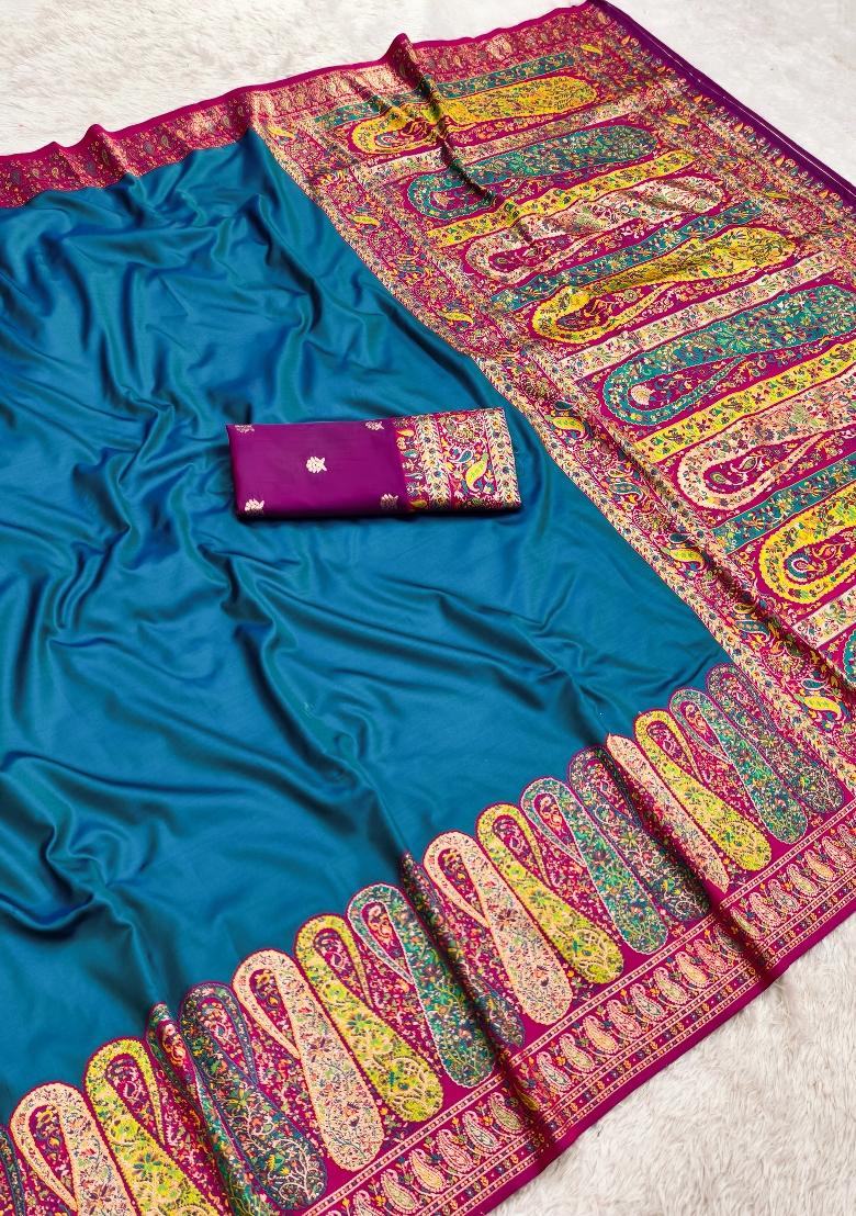 Teal Woven Design Silk Saree Set - Indya