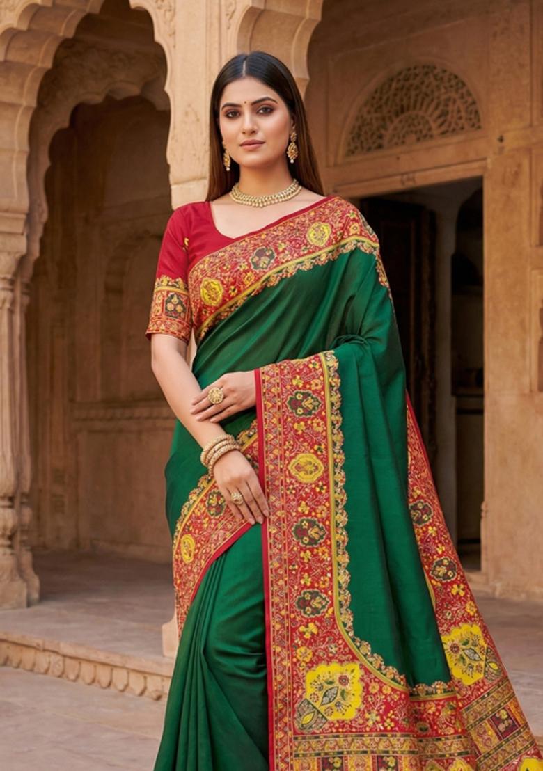 Green Woven Design Silk Saree Set - Indya