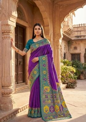 Purple Woven Design Silk Saree Set