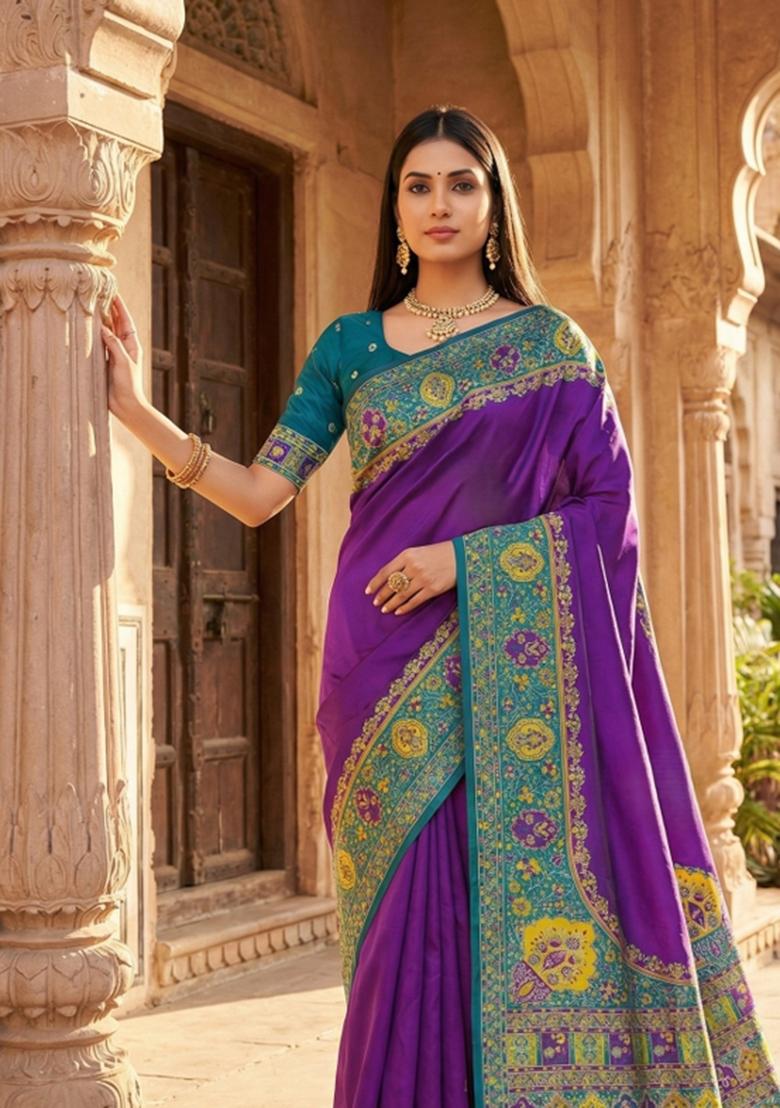 Purple Woven Design Silk Saree Set - Indya