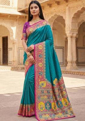 Sky Blue Woven Design Silk Saree Set