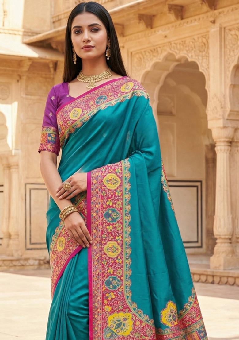 Sky Blue Woven Design Silk Saree Set - Indya
