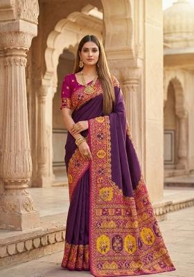 Wine Woven Design Silk Saree Set
