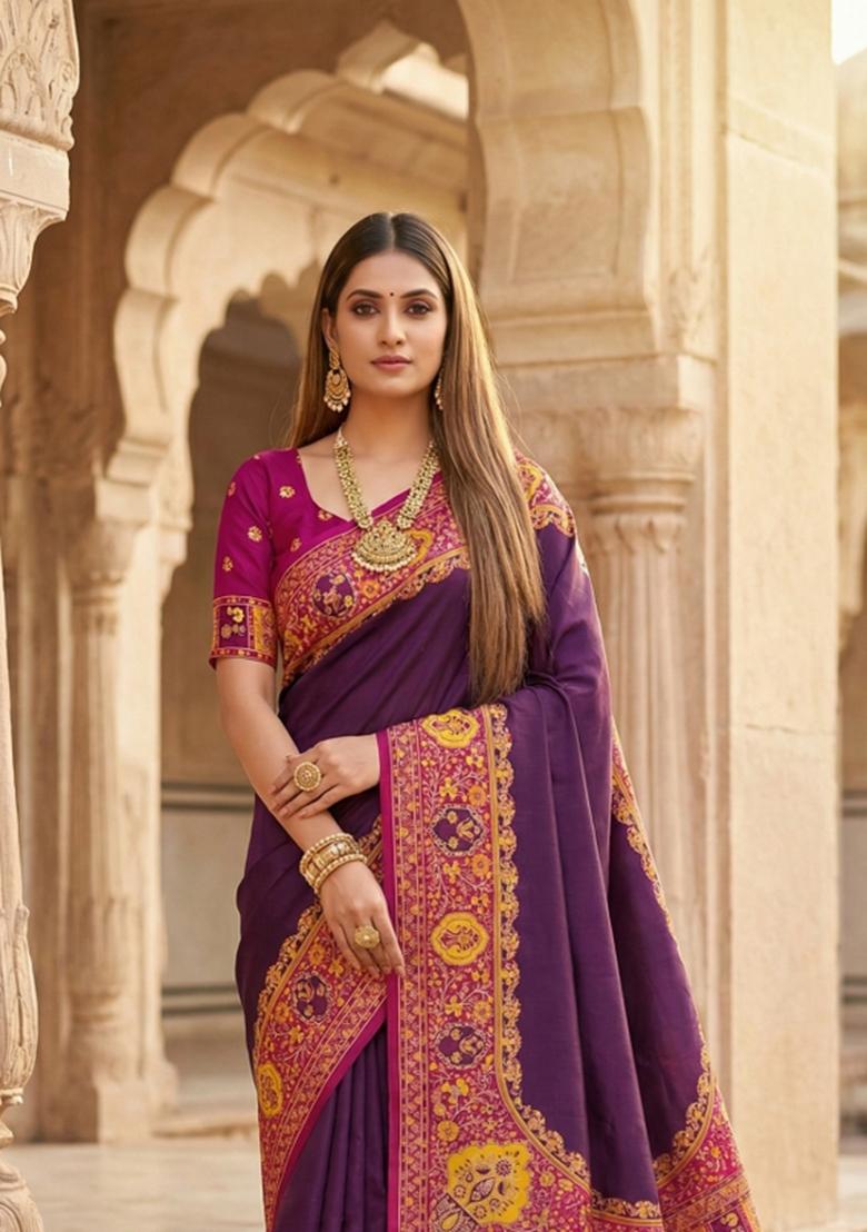 Wine Woven Design Silk Saree Set - Indya