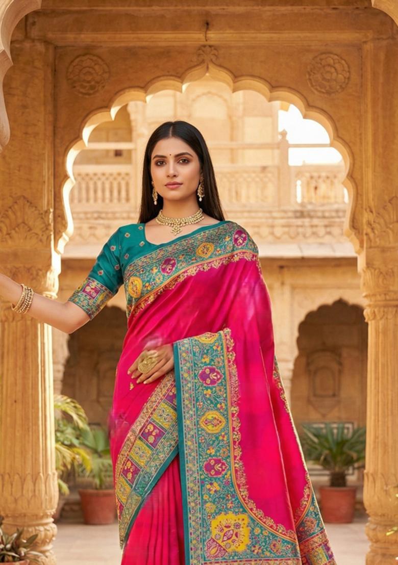 Pink Woven Design Silk Saree Set - Indya