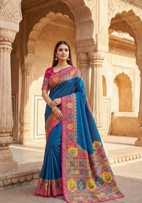 Teal Woven Design Silk Saree Set