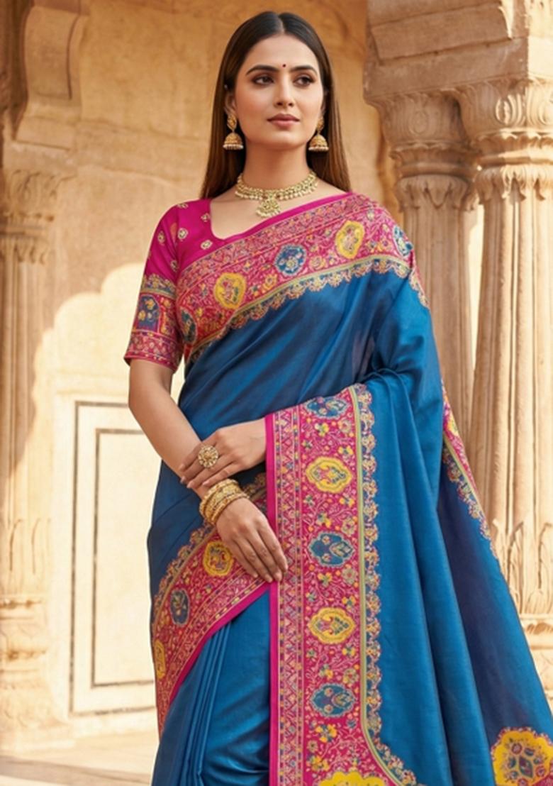 Teal Woven Design Silk Saree Set - Indya