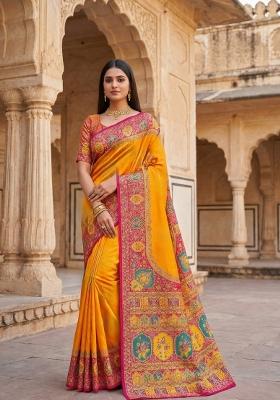 Yellow Woven Design Silk Saree Set