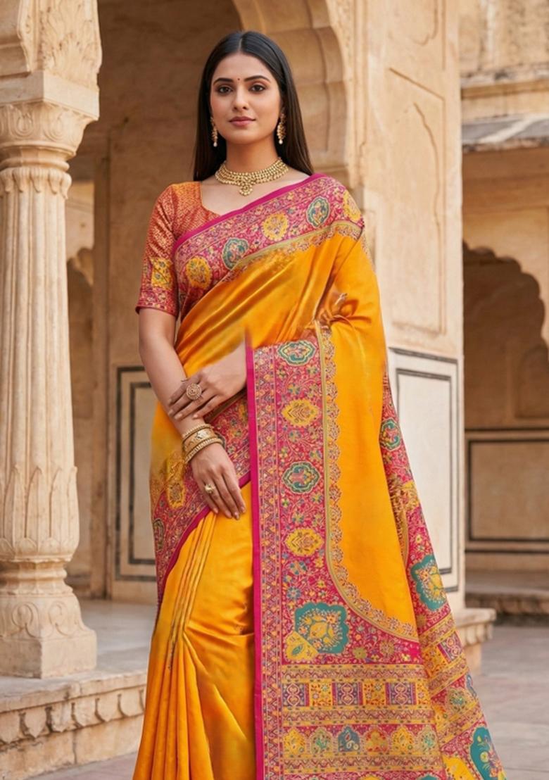 Yellow Woven Design Silk Saree Set - Indya