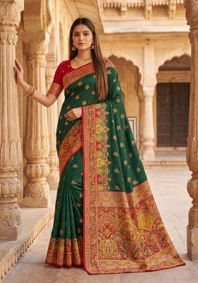 Green Woven Design Silk Saree Set