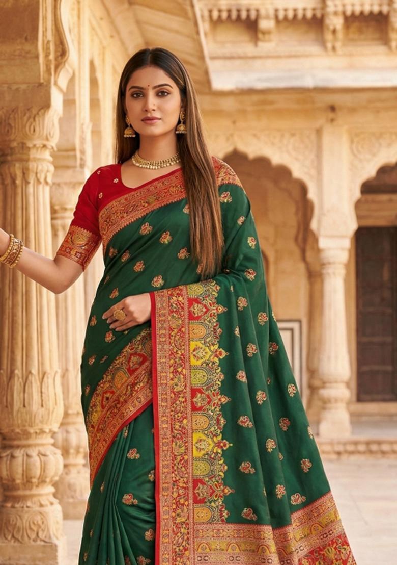 Green Woven Design Silk Saree Set - Indya