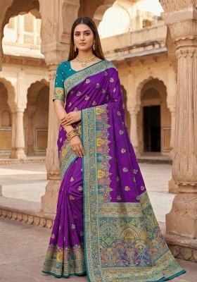 Purple Woven Design Silk Saree Set
