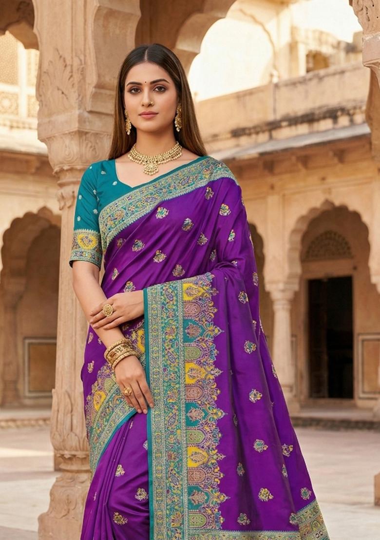 Purple Woven Design Silk Saree Set - Indya